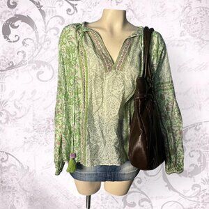 Bella Tu Boho Peasant Blouse Green Paisley Tassel Tie Top Women’s S Festival